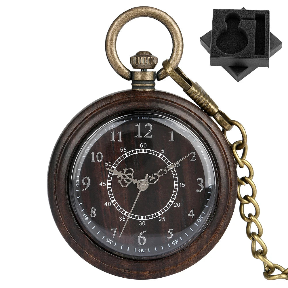 The Wooden Pocket Watch features Roman numerals, ornate hands, a metal chain, and comes with a black foam holder—an elegant classic for any vintage pocket watch collection.