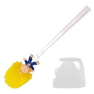The Trump Tidy Toilet Brush features a yellow bristle head styled like a cartoon character and comes with a white plastic holder—an amusing novelty accessory for any bathroom.