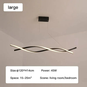 The Stylish Pendant Light features an intertwined design, ideal for modern living rooms or bedrooms. It measures 120x14cm, uses 45W of power, and covers 15-25m².