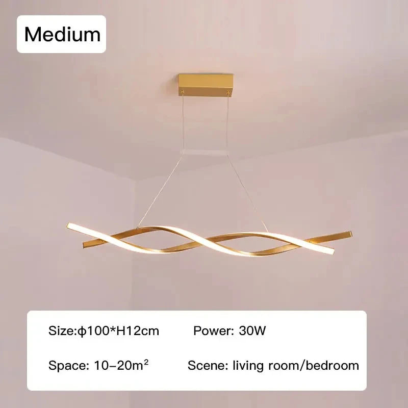 The Stylish Pendant Light is a contemporary medium-sized LED chandelier with a wavy design and gold finish. At 30W, it's perfect for living rooms or bedrooms, adding a modern touch to your space.