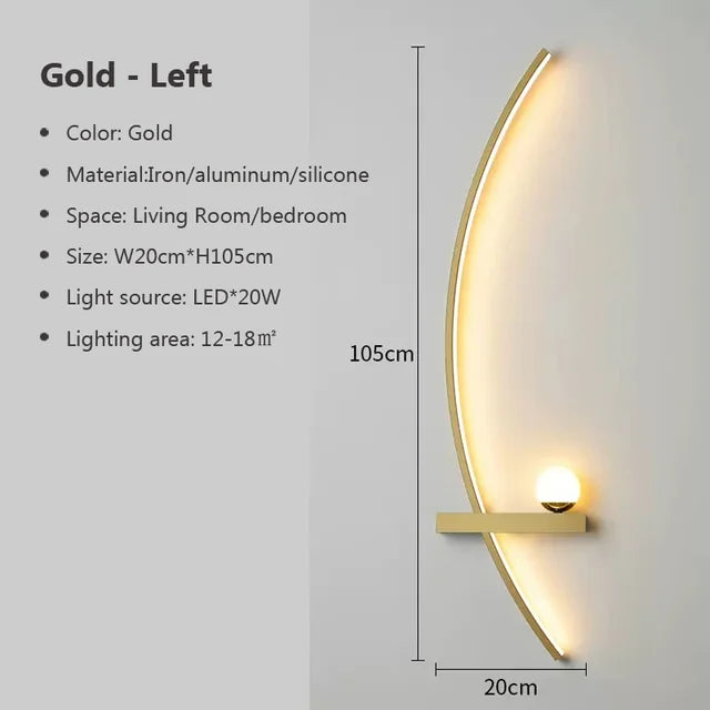 The Arc Wall Sconce is an elegant lighting solution that combines iron, aluminum, and silicone materials. It measures 105cm in height and 20cm in width, and uses a 20W LED light source. This modern wall light is perfect for living rooms or bedrooms.