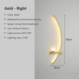 The Arc Wall Sconce is a sophisticated lighting fixture boasting a gold right-facing design, with dimensions of 55 cm in height and 20 cm in width. Crafted from iron, aluminum, and silicone, this contemporary wall light comes equipped with a 12W LED, making it ideally suited for living rooms and bedrooms while illuminating an area of 5-8m².