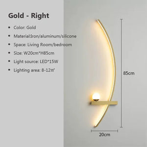 The sleek Arc Wall Sconce is a contemporary wall fixture finished in gold, made from iron, aluminum, and silicone. It stands 85cm tall and 20cm wide, boasting a 15W LED light source that is ideal for lighting up living rooms and bedrooms.