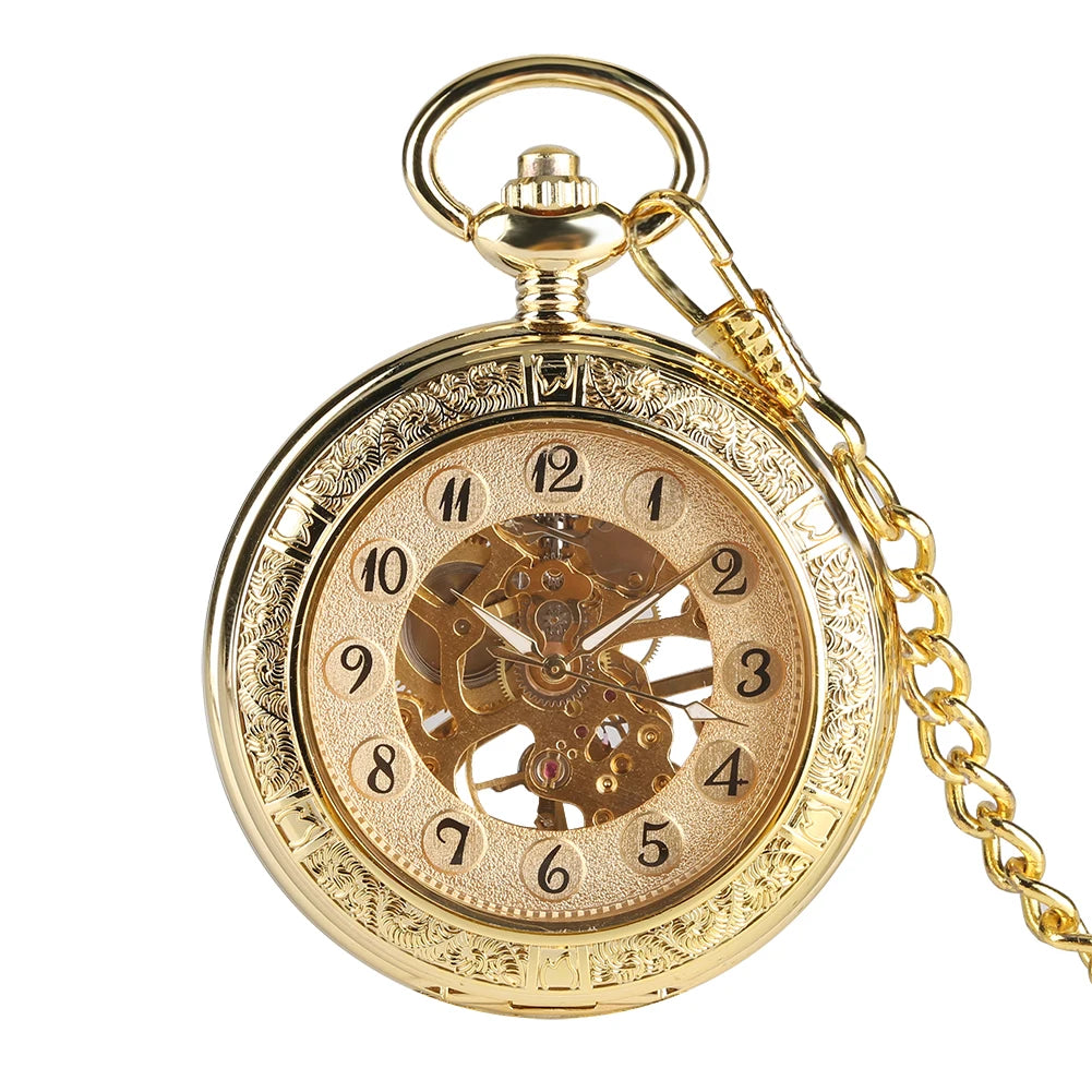 Premium Golden Pocket Watch featuring a gold skeleton dial, ornate case, exposed clockwork, black numerals, and an attached golden chain.
