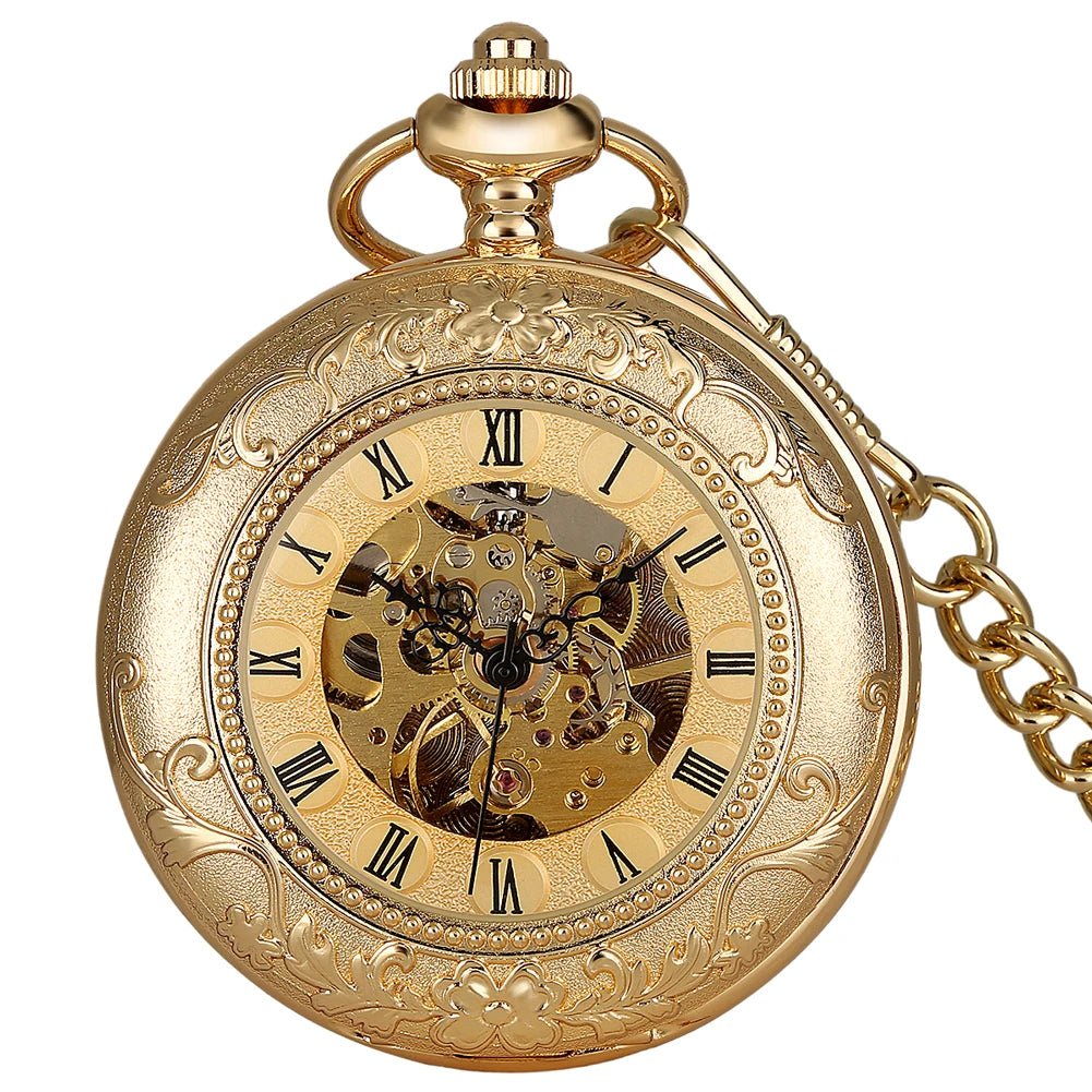 Golden Roman Pocket Watch with intricate engravings, roman numerals, a visible clockwork mechanism, and an attached chain for a timeless classic look.