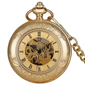 Golden Roman Pocket Watch with intricate engravings, roman numerals, a visible clockwork mechanism, and an attached chain for a timeless classic look.