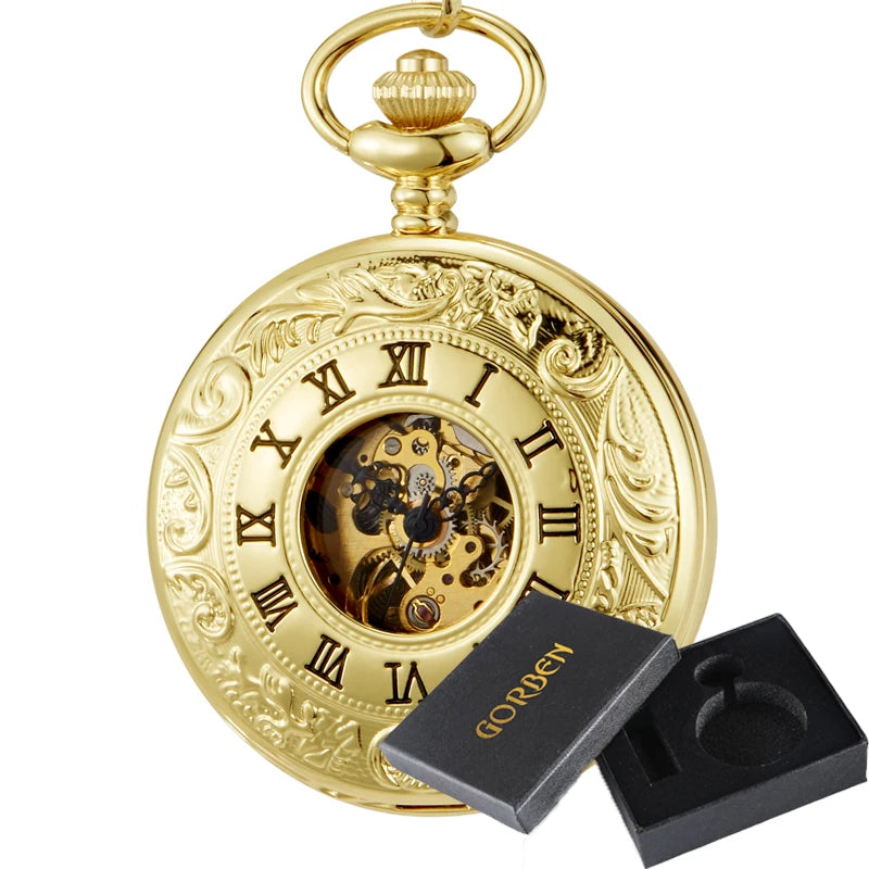 A Vintage Mechanical Pocket Watch with Roman numerals and visible gears, displayed next to an open black GORBEN-branded box.