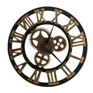 The Retro Gear Wall Clock elegantly combines gold and black hues with its Roman numerals and visible gear motifs.