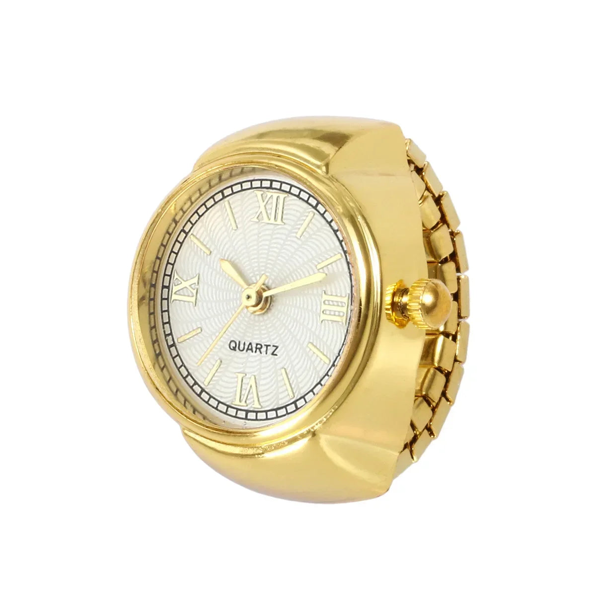 The Eternal Ring Watch features a gold minimalist design with a round face, Roman numerals, white dial, and metal link band, shown on a white background—a refined option for jewelry watch lovers.