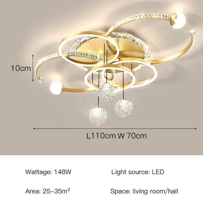 The Elegant Multi-Ring Ceiling Light features a gold modern design with circular rings and hanging crystal balls. Measuring 110cm x 70cm x 10cm and offering 148W of power, this sculptural fixture is ideal for living rooms or halls, effectively illuminating spaces of 25–35m².