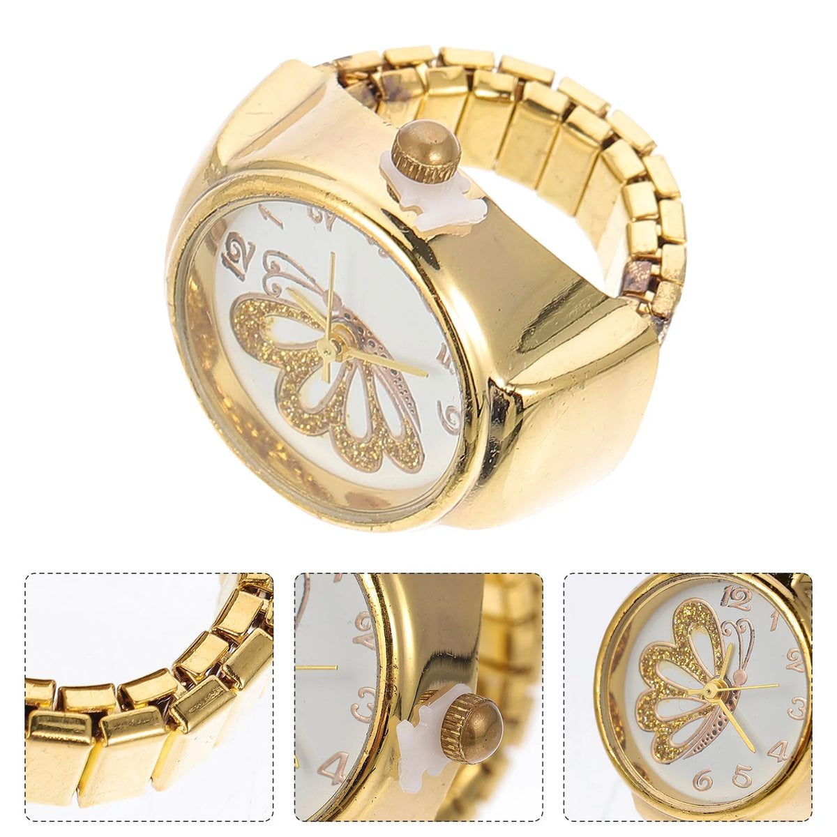 The Butterfly Ring Watch, an elegant gold wristwatch with a butterfly design, is missing its crown and has a damaged strap. Displayed from multiple angles, it resembles refined jewelry and evokes the charm of a butterfly ring watch.