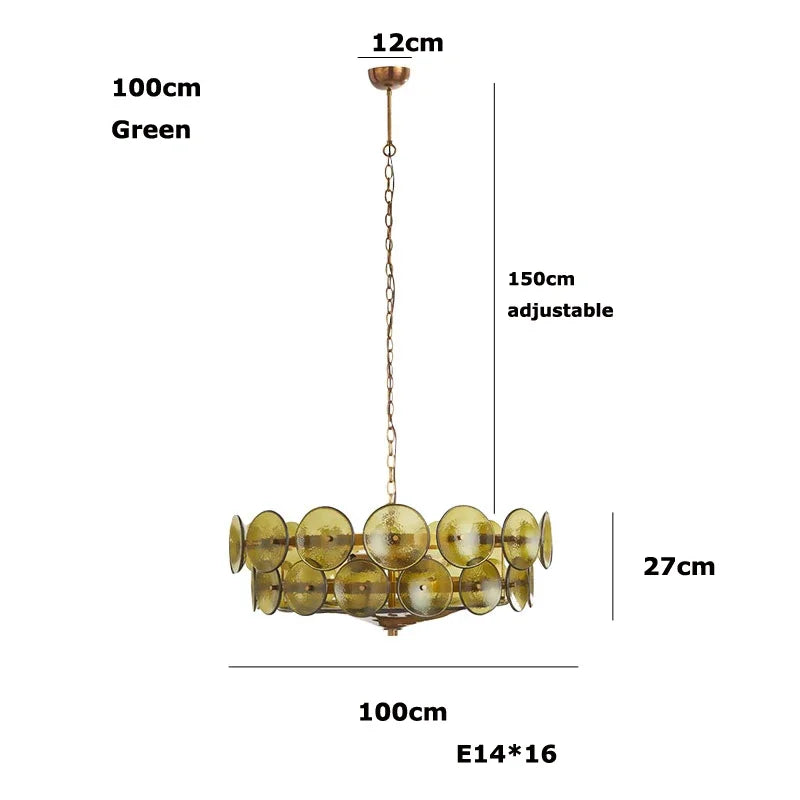 The Italian Retro Pendant Light features brass and green glass discs, inspired by Mid-Century Modern design. With a 100cm diameter, 27cm height, 12cm ceiling plate, and 150cm adjustable chain, it fits 16 E14 bulbs—artisan craftsmanship from Italy.