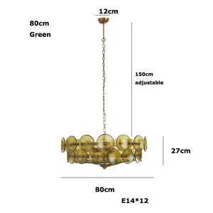 The Italian Retro Pendant Light is a mid-century modern chandelier with 12 green glass discs, measuring 80 cm wide by 27 cm tall, suspended from a 150 cm adjustable chain with a 12 cm canopy—an elegant piece of Italian artisan lighting.