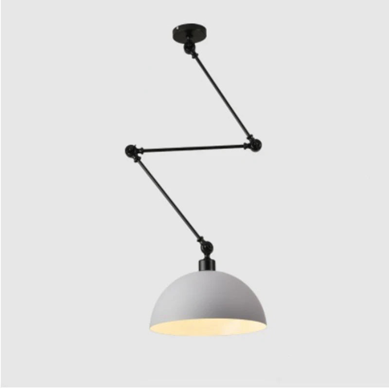 The Zig Zag Pendant Light, with its adjustable black arm and white dome-shaped shade against a gray backdrop, exemplifies industrial design through sleek functionality.