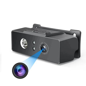 The Rechargeable Headlamp SpyCam, a black rectangular HD 1080P camera webcam with a lens emitting a blue and purple light beam, mounted on a bracket.