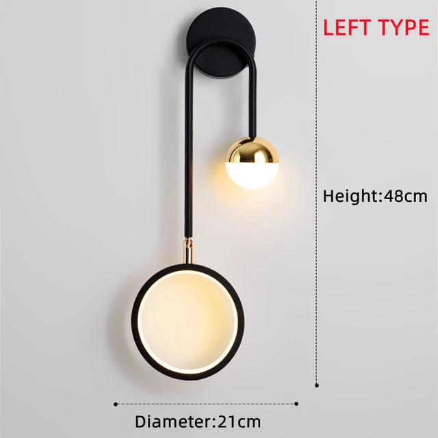 Introducing the Hanging Circle Wall Light, a stylish wall-mounted LED fixture featuring a ring design and a black metal arm. With dimensions of 48 cm height and 21 cm diameter, this elegant piece is labeled "Left Type" in the upper right corner. The light seamlessly incorporates geometric forms for a sleek Nordic look.