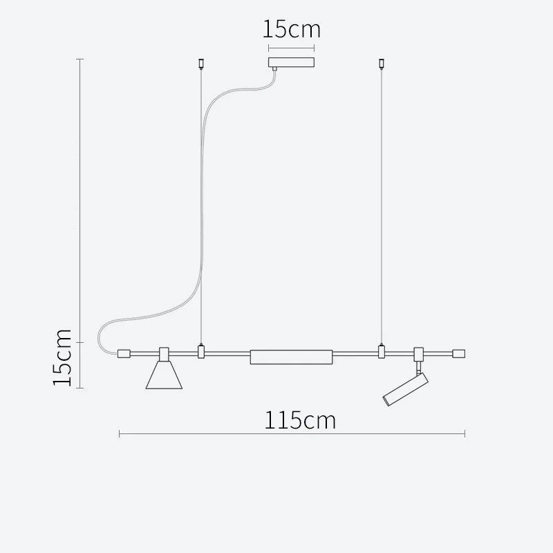 The Modern Track Lighting features an industrial-inspired design with a conical pendant and adjustable spotlight, measuring 115cm wide and 15cm tall.