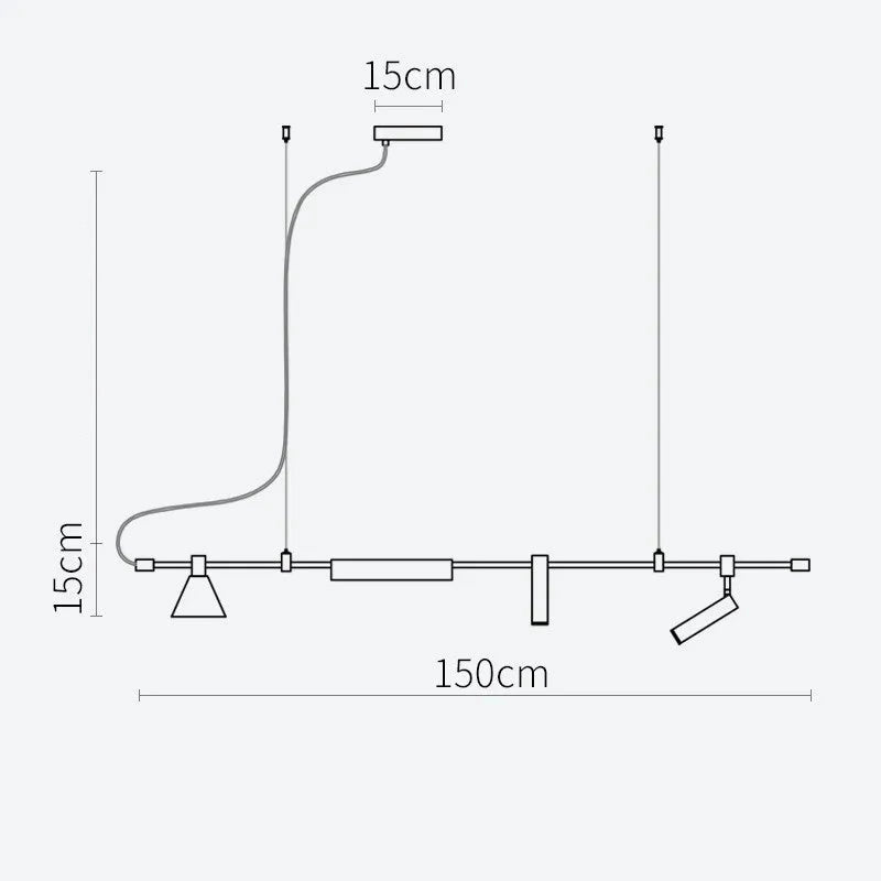 Diagram of the Modern Track Lighting fixture, featuring a linear pendant design with three adjustable heads inspired by industrial style; it measures 150 cm in length and 15 cm in height.