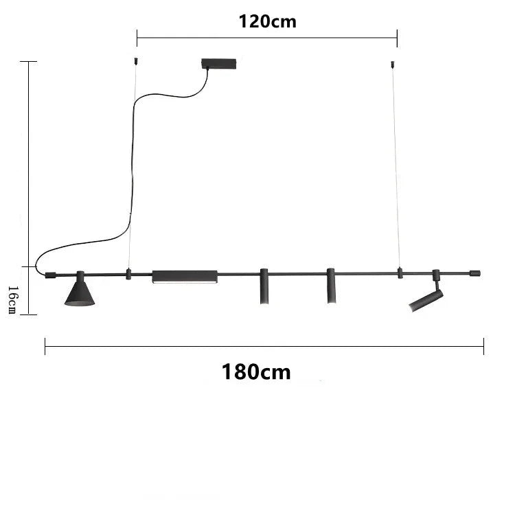 The Modern Track Lighting is an industrial-inspired black linear pendant with four adjustable spotlight heads and conical shades. It measures 120cm high by 180cm wide, hanging elegantly from the ceiling with a sleek black cable.