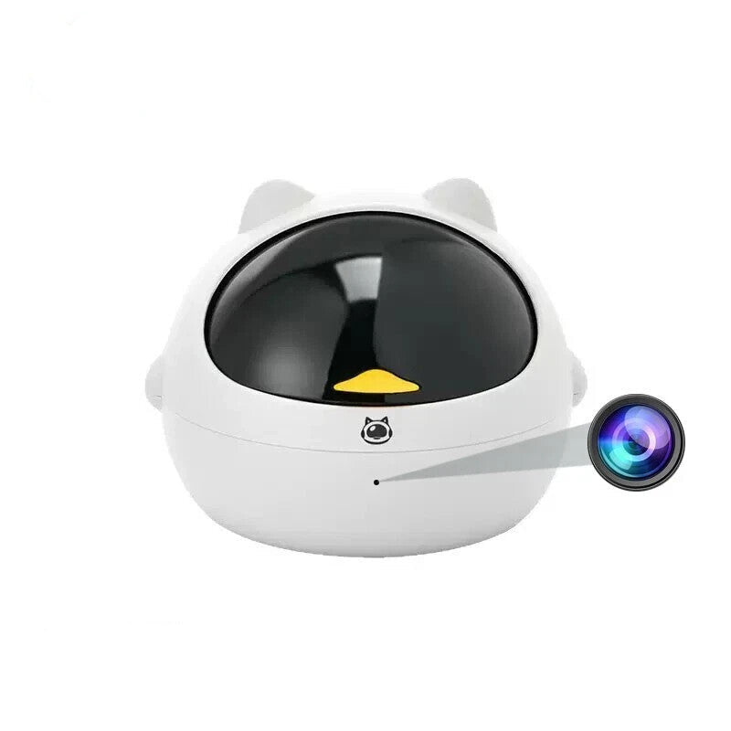 The Cute Display SpyCam is a white, kitty-shaped security camera with a black glass dome that blends playfully into your decor while providing discreet home surveillance.