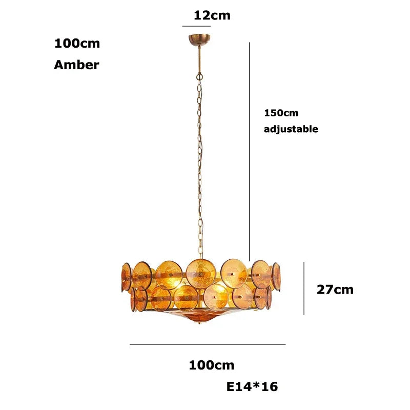 The Italian Retro Pendant Light features circular amber glass, measures 100cm wide by 27cm high, and has a 150cm adjustable chain with a 12cm ceiling mount. It holds 16 E14 bulbs for a striking statement inspired by Italian artisan design.