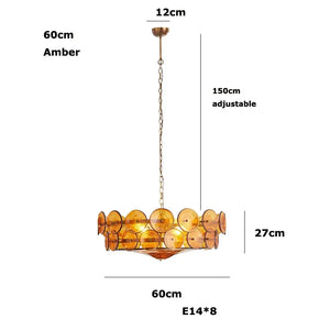 The Italian Retro Pendant Light features circular amber glass elements in a Mid-Century Modern style, 60cm diameter, 27cm height, 12cm ceiling mount, adjustable 150cm chain, and uses eight E14 bulbs—elegant Italian-inspired lighting.