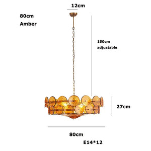 The Italian Retro Pendant Light features amber Murano glass in circular pieces, 80cm diameter, 27cm height, 12cm ceiling mount, and a 150cm adjustable chain. Fits 12 E14 bulbs—perfect for Mid-Century Modern interiors.