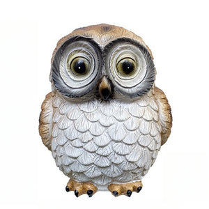 A Solar Owl Light featuring large, round eyes and white, textured feathers stands upright against a plain white background—perfect as an outdoor solar decor accent or paired with your favorite owl figurine to brighten up your garden.