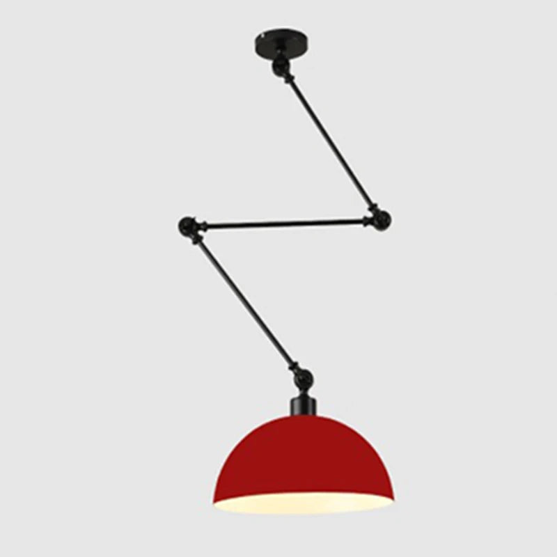 The Zig Zag Pendant Light boasts an industrial style with a red dome shade, a black adjustable arm system, and ceiling mount, ideal for directional lighting.