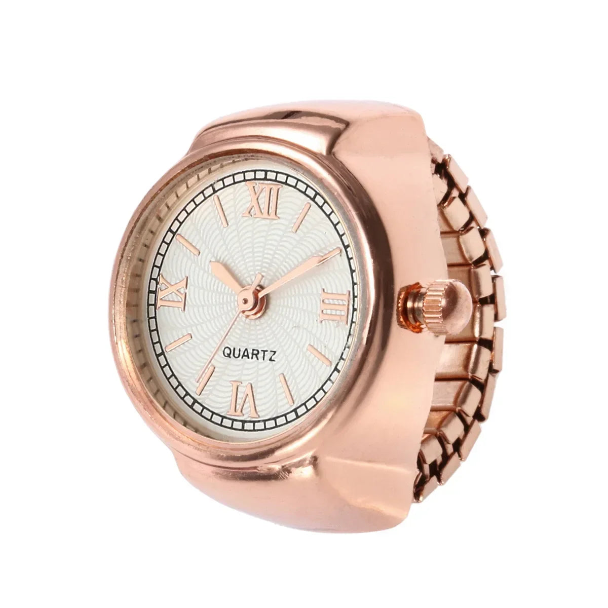 The Eternal Ring Watch features a rose gold finish, white dial with Roman numerals, and a stretchable band; this minimalist timepiece stylishly displays 8:11.