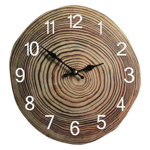 The Wooden Grain Wall Clock mimics a tree trunk cross-section, showcasing black hands and white numerals set against a wood grain pattern backdrop. This natural wall clock adds an organic flair to any room.