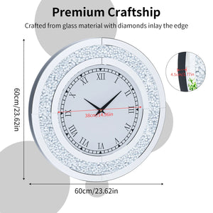 The Modern Luxury Roman Numerals Wall Clock features a diamond inlay edge for shimmer, measures 60cm in diameter and 4.5cm deep, and showcases a striking 38cm clock face.