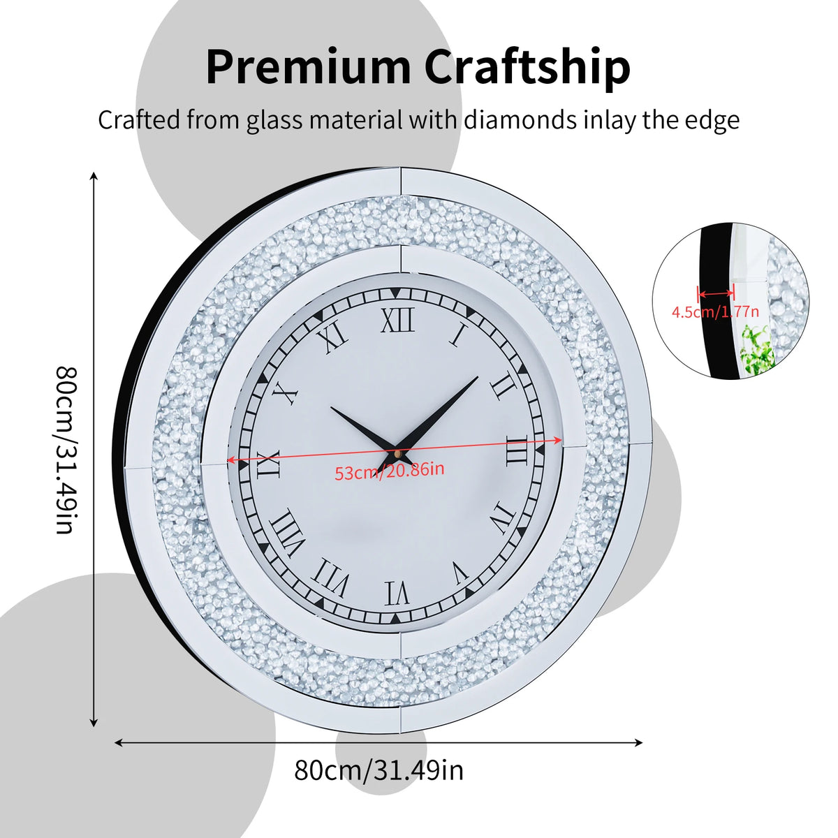 The Modern Luxury Roman Numerals Wall Clock features Roman numerals, a sparkling diamond inlay edge, and measures 80 cm diameter by 4.5 cm thick—an elegant addition to any space.