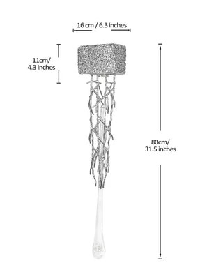 Introducing the Luxury Vertical Wall Light, a sophisticated silver hanging sculpture featuring intricate roots and a mesh canopy. This exquisite piece doubles as an artistic wall sconce, with the canopy measuring 16 cm in width and 11 cm in height. Its overall vertical orientation extends to an impressive height of 80 cm.