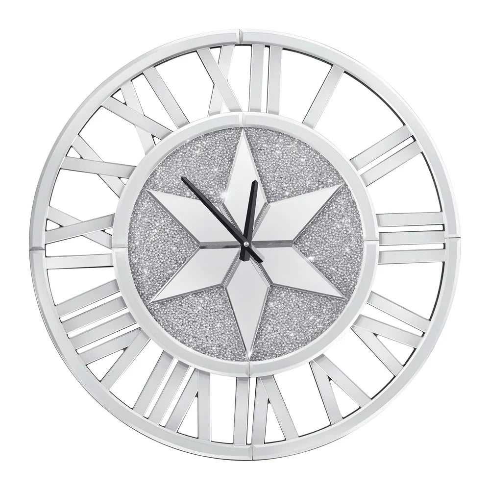 The Astral Chic Roman Wall Clock features a silvery finish, a silver star center, glittery background, open Roman numerals, and black hands set to 10:10.