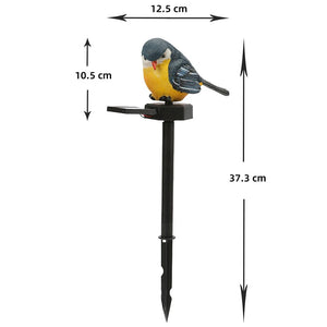 Solar Bird Light on a black stake, perfect as songbird decor for your garden. The bird ornament measures 10.5 cm in height, 12.5 cm in length, and the total height including the stake is 37.3 cm.