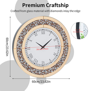 The Modern Luxury Roman Numerals Wall Clock, with a glass and diamond-inlay design, measures 60 cm in diameter and 4.5 cm thick, featuring classic Roman numerals for an elegant touch to any décor.