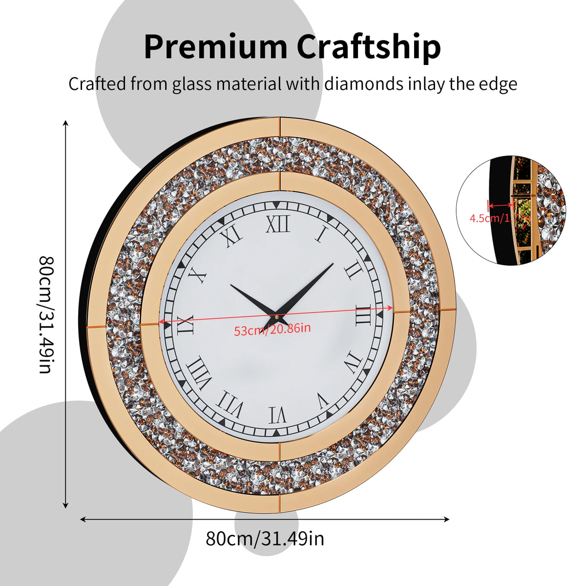 Modern Luxury Roman Numerals Wall Clock: Round, gold frame with diamond inlay and Roman numerals; 80 cm diameter, 4.5 cm thick. Features and dimensions clearly labeled.