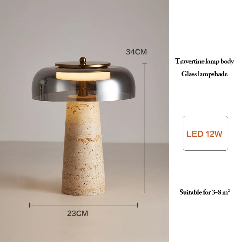 Mushroom Desk Lamp featuring a travertine base, glass lampshade, and an energy-efficient 12W LED bulb. With a height of 34cm and width of 23cm, this natural stone lamp is perfect for illuminating spaces of 3–8 square meters with organic desk lighting.