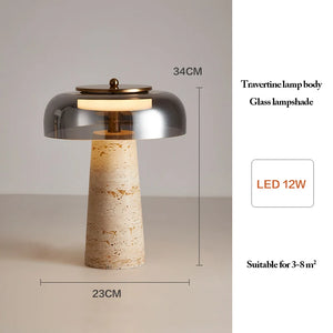 Mushroom Desk Lamp featuring a travertine base, glass lampshade, and an energy-efficient 12W LED bulb. With a height of 34cm and width of 23cm, this natural stone lamp is perfect for illuminating spaces of 3–8 square meters with organic desk lighting.