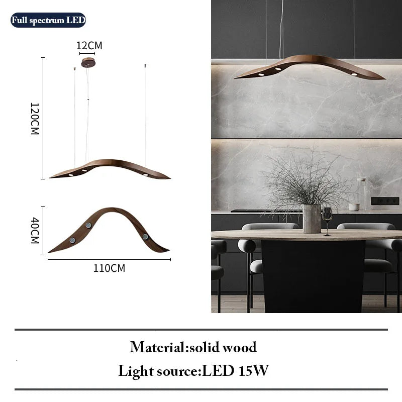 The Spiral Wood Pendant Light measures 110cm x 40cm with a max hanging height of 120cm. It features a 15W full spectrum LED for organic modern lighting, as shown above a dining table.