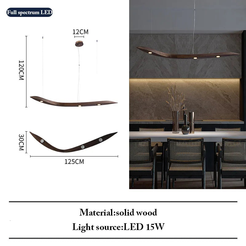 The Spiral Wood Pendant Light, featuring a helical wooden design and organic modern style, hangs above the dining table. Dimensions: 125cm long, 12cm max height, 30cm wide; LED 15W light source.