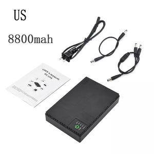 A Portable UPS for WiFi Router comes with a black power bank, a user manual, an electrical cord, and two connector cables. The text on the left reads "US" and "8800mah." Its capacity rivals that of a 10400mAh Portable UPS, making it an ideal Uninterruptible Power Supply for your WiFi Router Backup needs.