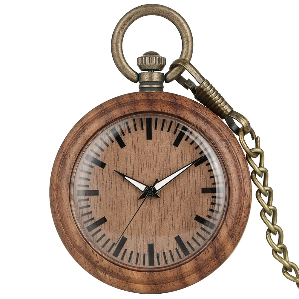 The Wooden Pocket Watch features a round wooden case, black hour marks, black hands set to 7:24, and comes with a brass chain attached to the top.
