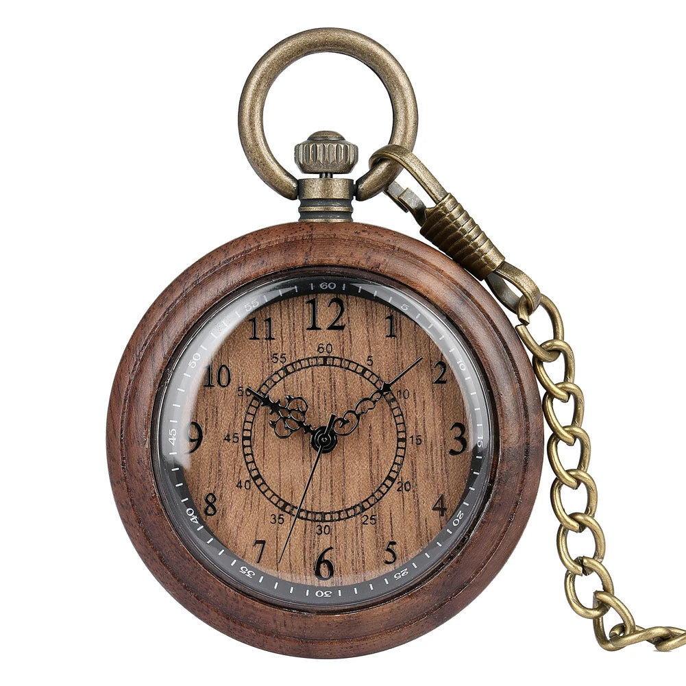 The Wooden Pocket Watch features vintage styling with ornate hour and minute hands, Roman numerals, and a brass chain—an ideal addition to any wood watch collection.