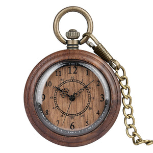 The Wooden Pocket Watch features vintage styling with ornate hour and minute hands, Roman numerals, and a brass chain—an ideal addition to any wood watch collection.