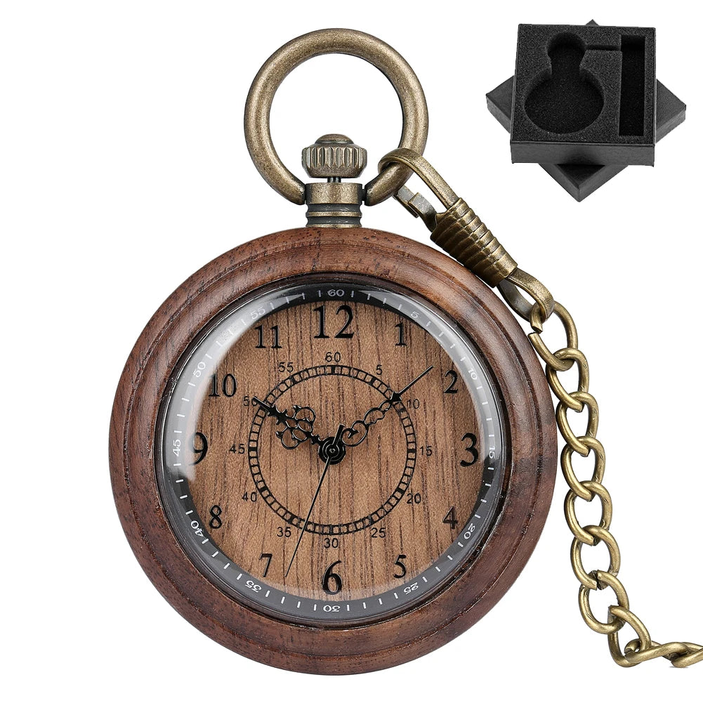 The Wooden Pocket Watch features a brass chain, ornate clock hands, and Arabic numerals, displayed beside a black foam insert with a custom cutout—an elegant choice for any collection.