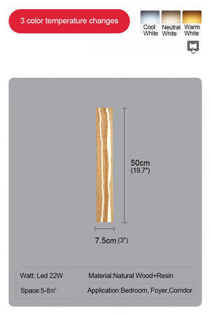 The Rectangle Wood Wall Light measures 50 cm by 7.5 cm and features natural wood and resin aesthetics. It's a minimalist 22W LED fixture with adjustable color temperature, ideal for ambient lighting in areas of 5-8m² like bedrooms, foyers, and corridors.