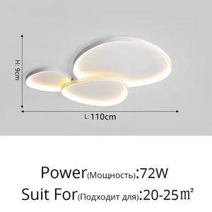 The Nordic Minimalist Ceiling Light features three overlapping ovals with dimmable brightness and color control. It measures 110 cm by 96 cm, consumes 72W, and is ideal for spaces of 20-25 sq. meters.