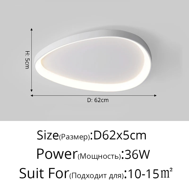 The Nordic Minimalist Ceiling Light measures 62x5 cm and uses 36W, ideal for areas of 10-15 m². It offers dimmable brightness for a customizable ambiance, beautifully illustrated with a detailed diagram.